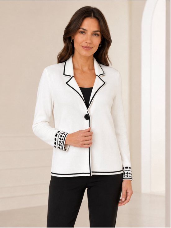 Unbranded Jackets & Blazers - White & Black Rhinestone Cuff One-Button Knit Sweater Jacket
